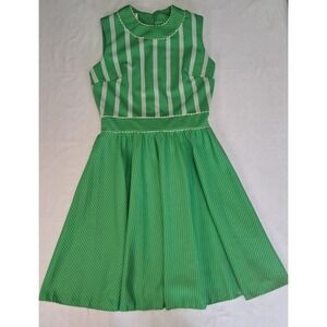 Melissa Lane Vtg Kelly Green & White 60's Stripe/Dot A-line Dress Mod Retro FLAW